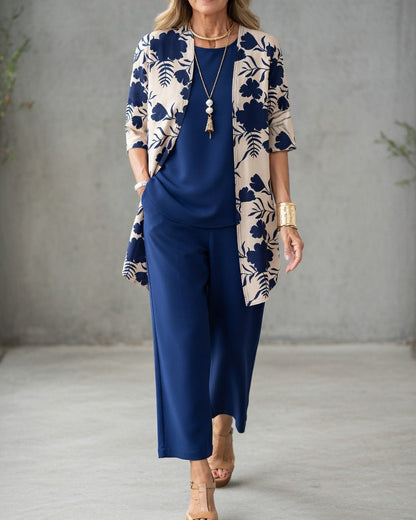 Conjunto mujer 3 piezas elegante – pantalón fluido y chaqueta floral