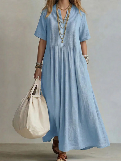 Vestido maxi mujer fluido con pliegues y escote en V