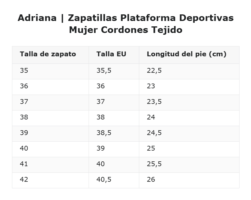 Adriana | Zapatillas Plataforma Deportivas Mujer Cordones Tejido — guía de tallas