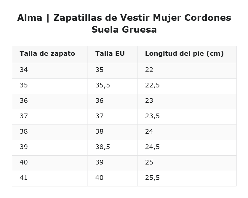 Alma | Zapatillas de Vestir Mujer Cordones Suela Gruesa — guía de tallas