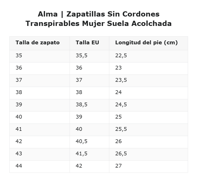 Alma | Zapatillas Sin Cordones Transpirables Mujer Suela Acolchada — guía de tallas