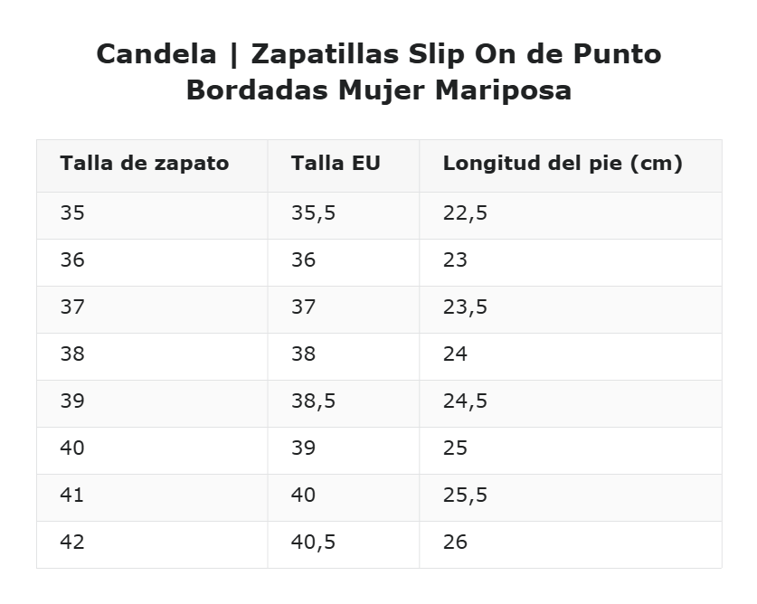 Candela | Zapatillas Slip On de Punto Bordadas Mujer Mariposa — guía de tallas