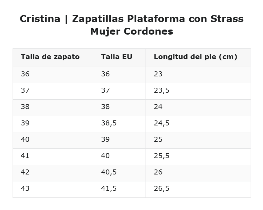 Cristina | Zapatillas Plataforma con Strass Mujer Cordones — guía de tallas