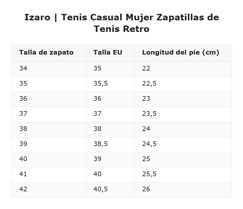Izaro | Tenis Casual Mujer Zapatillas de Tenis Retro — guía de tallas