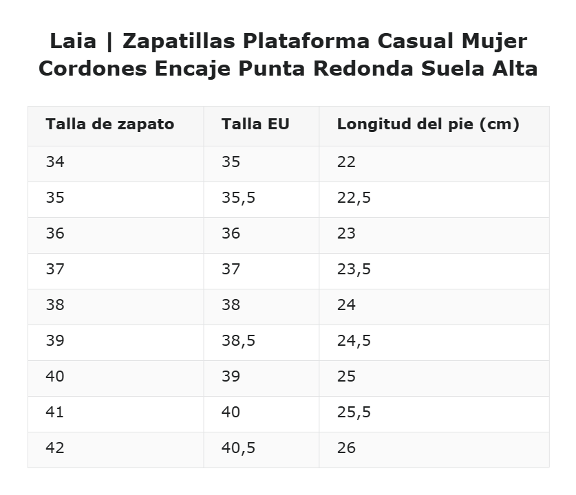 Laia | Zapatillas Plataforma Casual Mujer Cordones Encaje Punta Redonda Suela Alta — guía de tallas