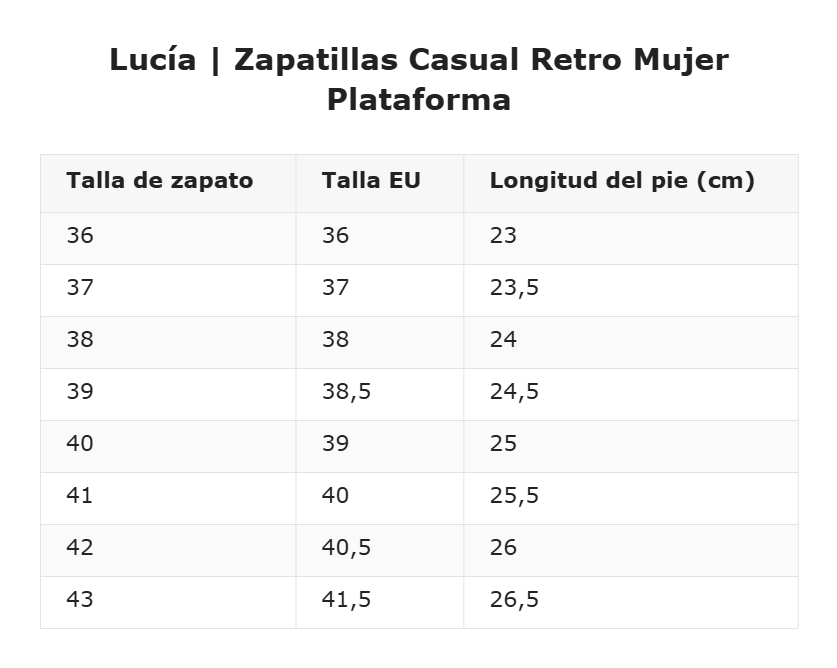 Lucía | Zapatillas Casual Retro Mujer Plataforma — guía de tallas