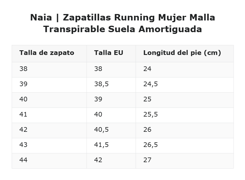 Naia | Zapatillas Running Mujer Malla Transpirable Suela Amortiguada — guía de tallas