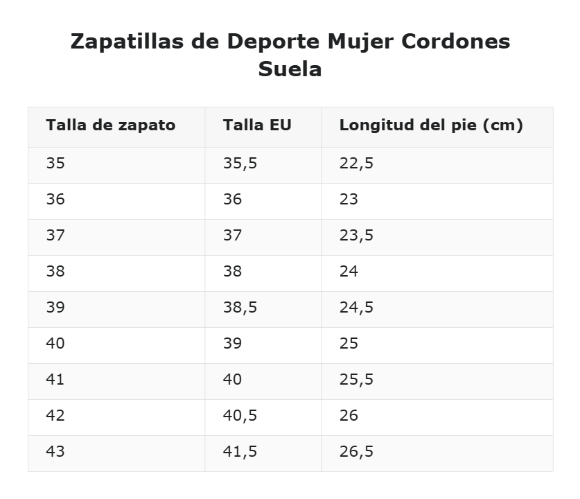Zapatillas de Deporte Mujer Cordones Suela — guía de tallas