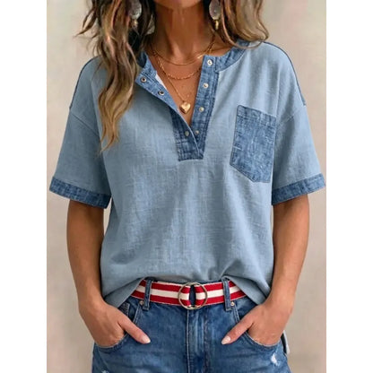 Top de mujer de algodón con escote en V y detalles en denim