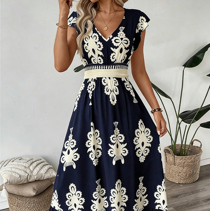 Vestido largo para mujer con estampado barroco y escote en V