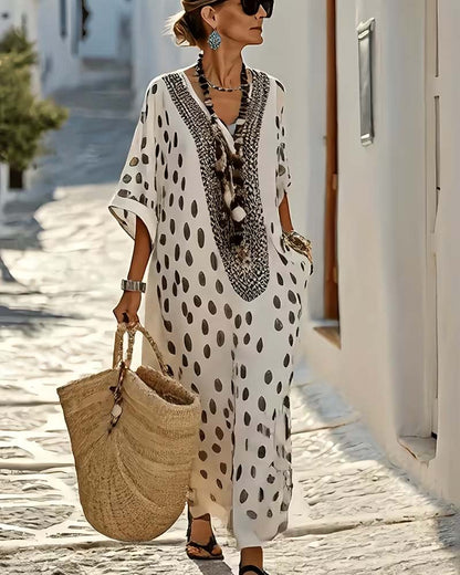 Maxi Vestido Kaftán Lunares Cuello V Bordado Étnico