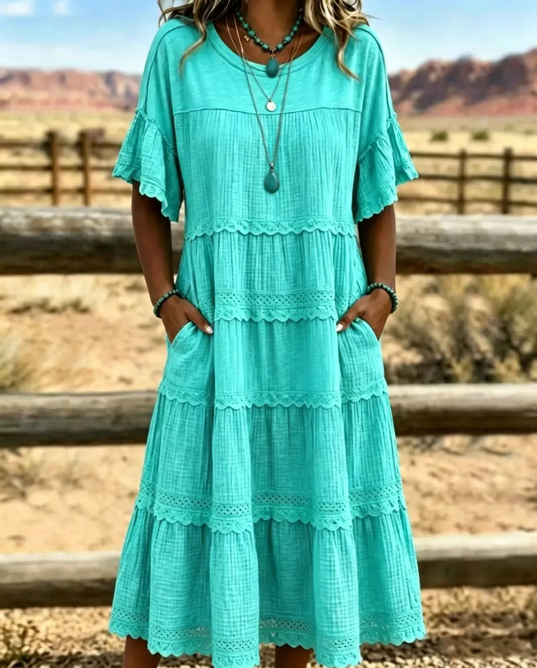 Vestido largo para mujeres de algodón y lino con volantes