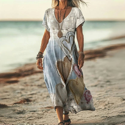 Vestido midi para mujer con estampado de corazones y escote en V