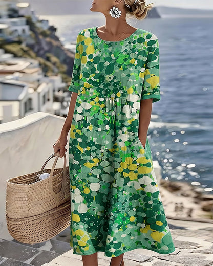 Vestido midi mujer algodón lino estampado flores abstractas bolsillos verano