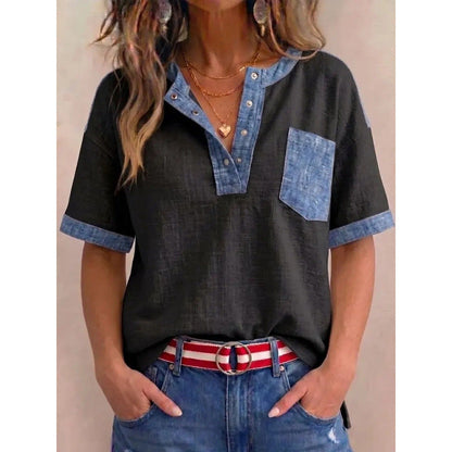 Top de mujer de algodón con escote en V y detalles en denim