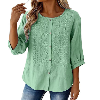 Blusa bordada para mujer de algodón y lino con mangas 3/4