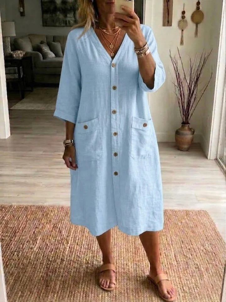 Vestido Mujer Midi Algodón Lino con Botones – Estilo Casual y Elegante