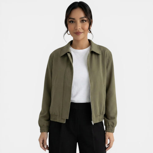 Chaqueta verde elegante con cremallera para mujer