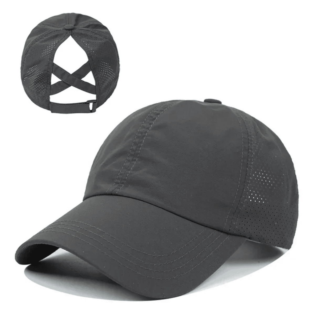 Gorra de béisbol para mujer con abertura para coleta y diseño cruzado