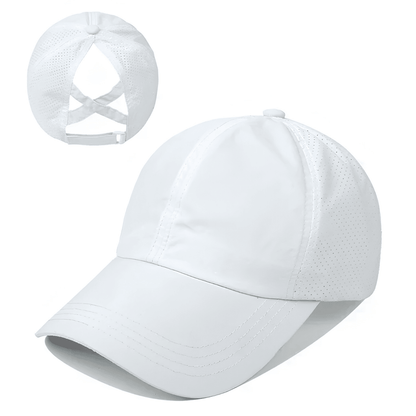 Gorra de béisbol para mujer con abertura para coleta y diseño cruzado