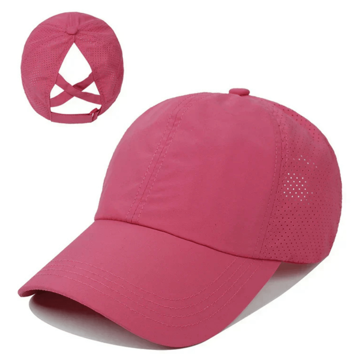 Gorra de béisbol para mujer con abertura para coleta y diseño cruzado