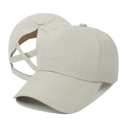 Gorra de béisbol para mujer con abertura para coleta y diseño cruzado