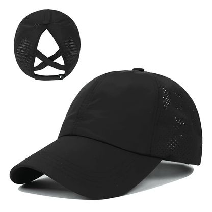 Gorra de béisbol para mujer con abertura para coleta y diseño cruzado
