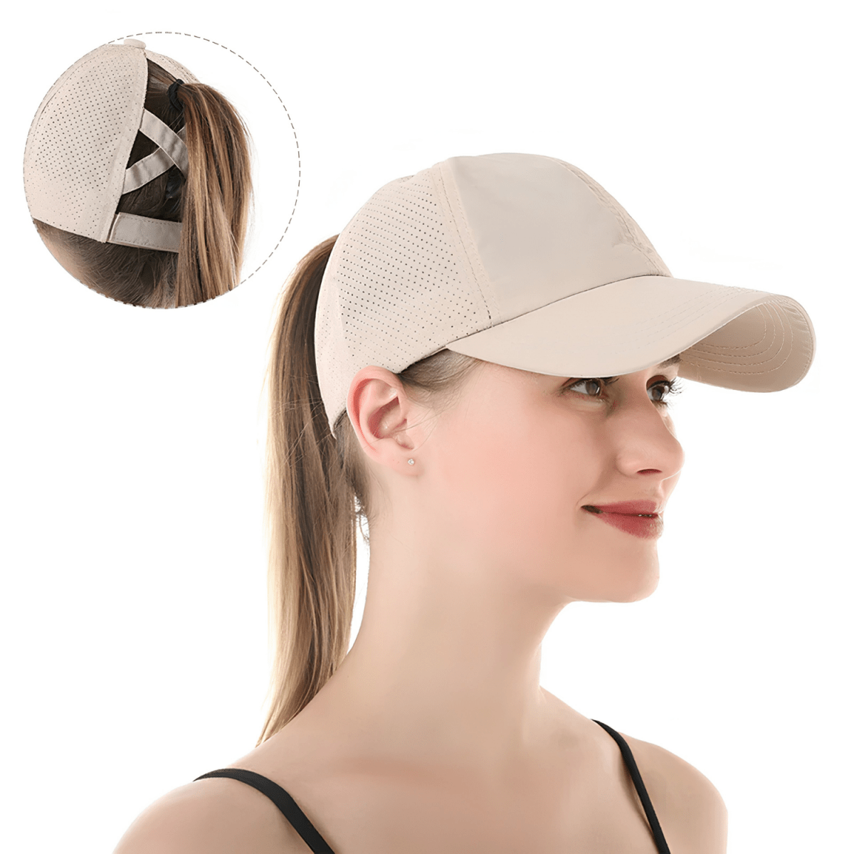 Gorra de béisbol para mujer con abertura para coleta y diseño cruzado