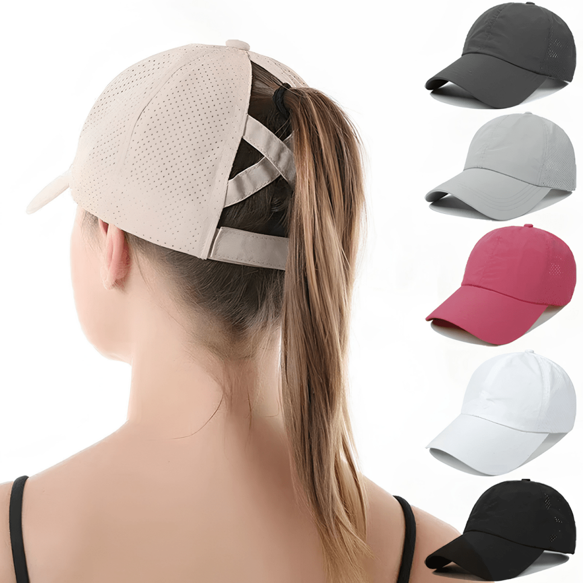 Gorra de béisbol para mujer con abertura para coleta y diseño cruzado