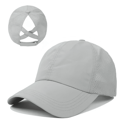 Gorra de béisbol para mujer con abertura para coleta y diseño cruzado