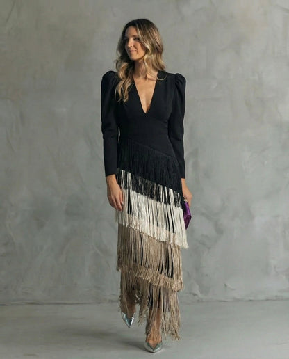 Vestido Mujer Elegante Con Flecos Midi – Estilo Sofisticado y Fluido