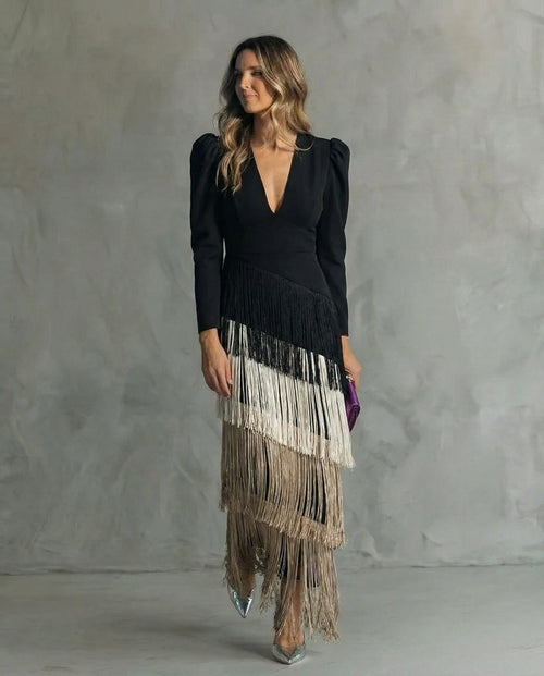 Vestido Mujer Elegante Con Flecos Midi – Estilo Sofisticado y Fluido