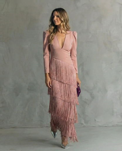 Vestido Mujer Elegante Con Flecos Midi – Estilo Sofisticado y Fluido
