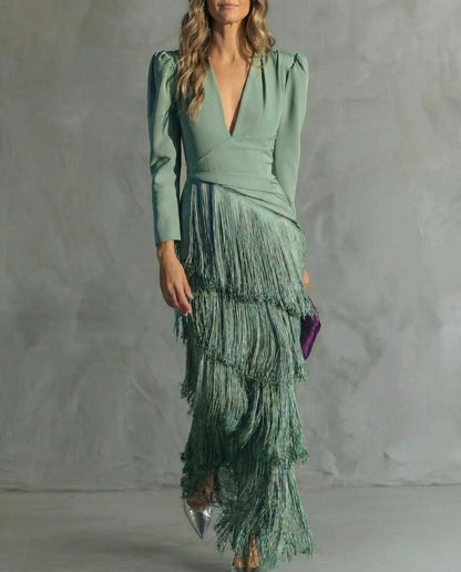 Vestido Mujer Elegante Con Flecos Midi – Estilo Sofisticado y Fluido