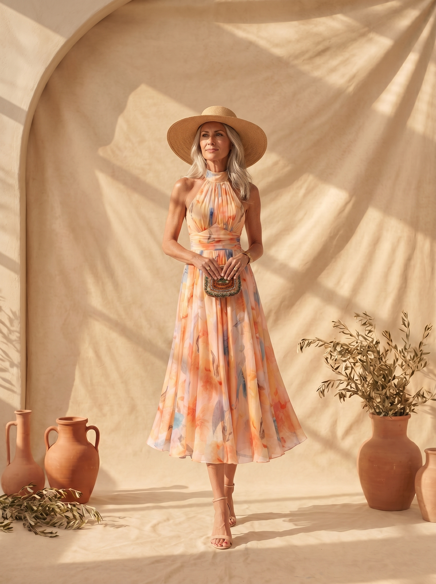 Aurora | Vestido con cuello halter y estampado en acuarela