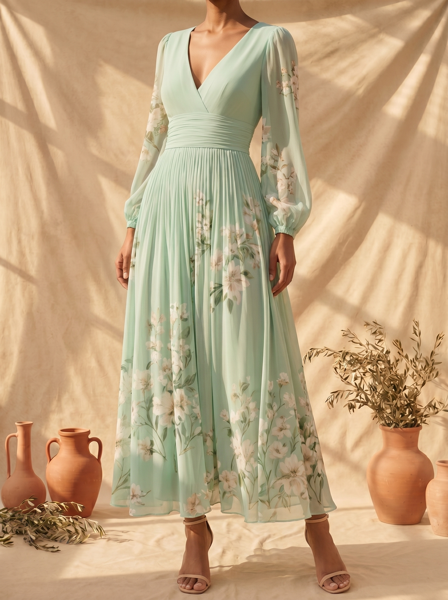 Cisella | Vestido midi verde claro con estampado floral
