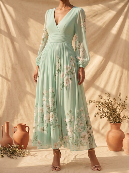 Cisella | Vestido midi verde claro con estampado floral