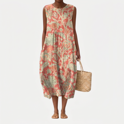 Vestido midi mujer algodón viscosa floral con cuello en V verano