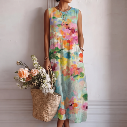 Vestido midi mujer sin mangas estampado multicolor con bolsillos