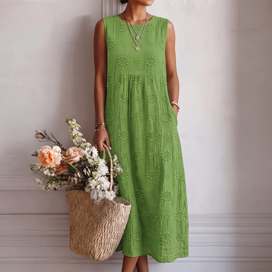 Vestido midi mujer algodón viscosa bordado sin mangas casual