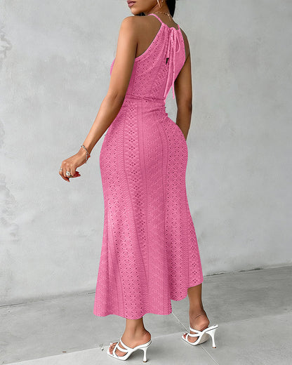 Vestido midi mujer jacquard halter abertura elegante verano