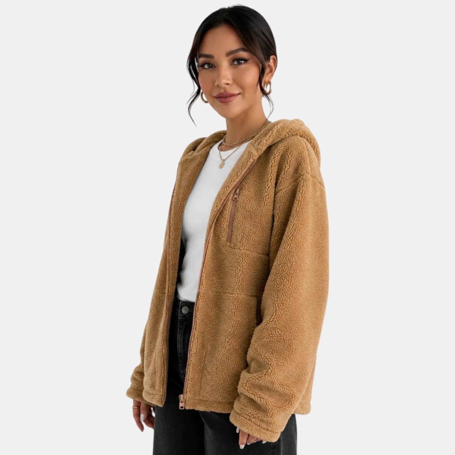 Chaqueta acolchada de forro polar marrón para mujer