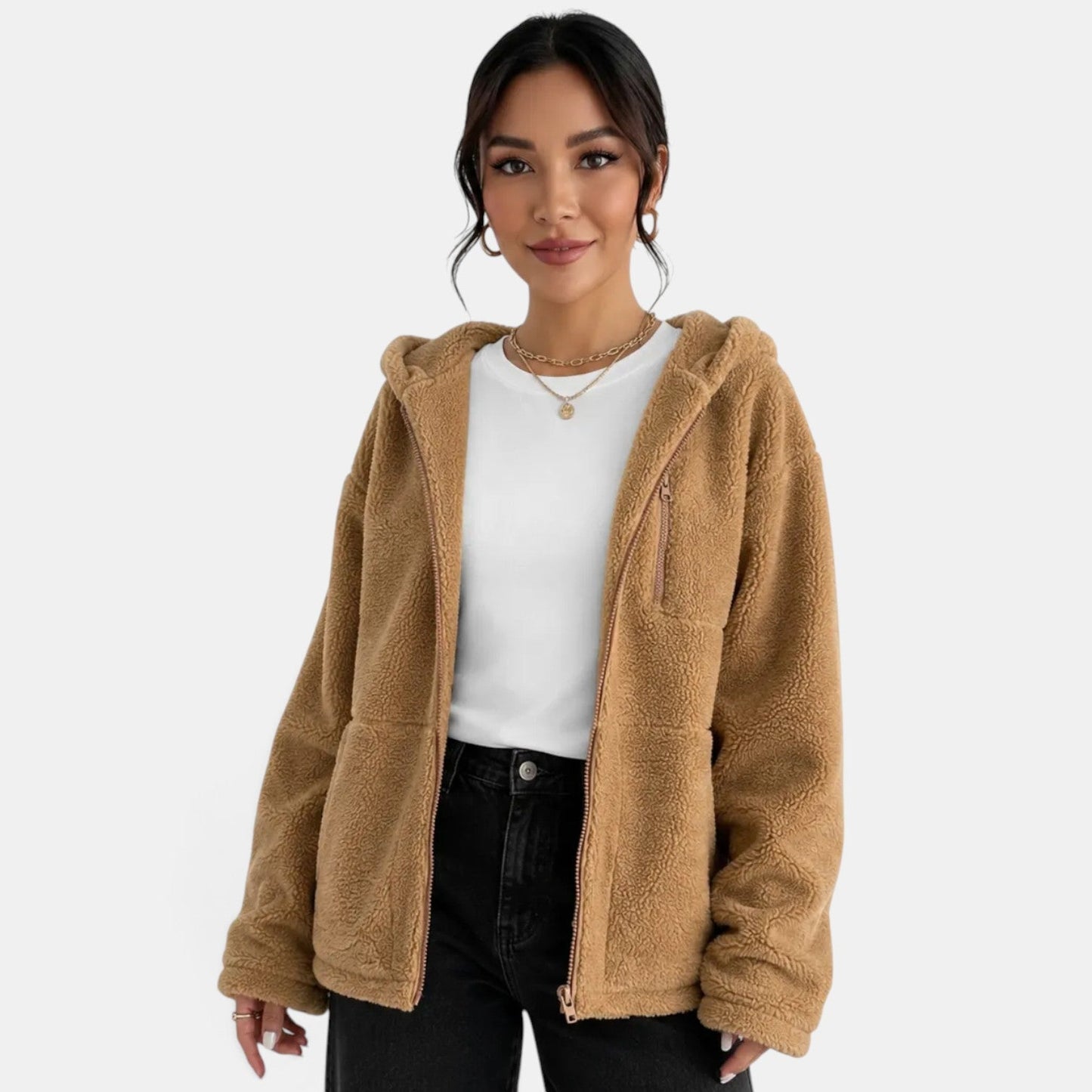 Chaqueta acolchada de forro polar marrón para mujer