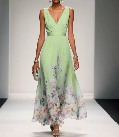 Daniela | Vestido maxi de mujer con estampado floral y escote en V