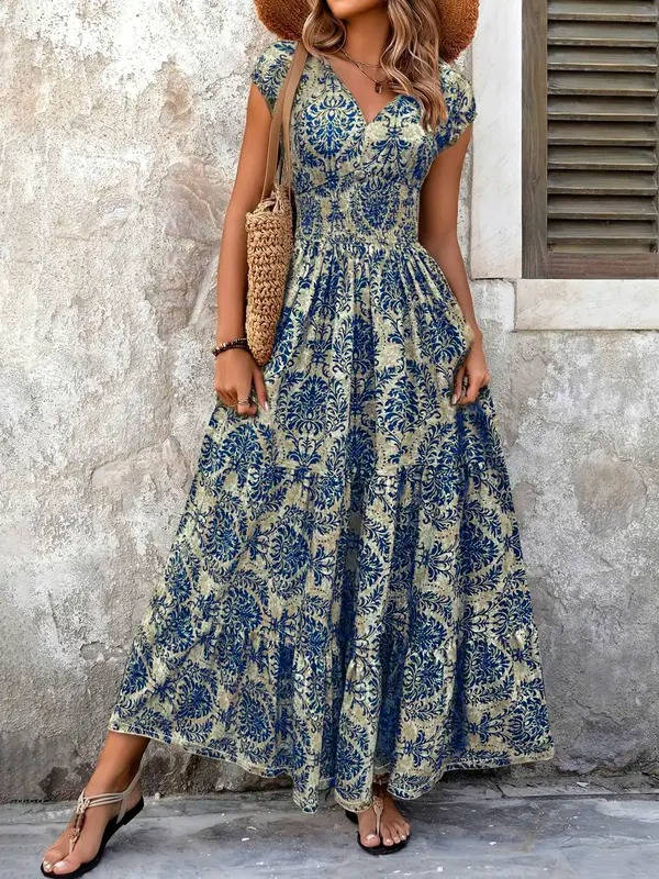 Cristina | Vestido maxi boho para mujer con estampado y fruncido