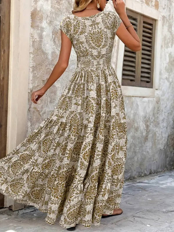 Cristina | Vestido maxi boho para mujer con estampado y fruncido
