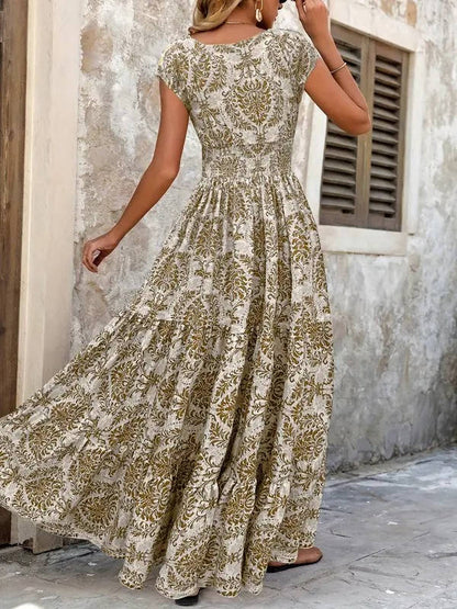 Cristina | Vestido maxi boho para mujer con estampado y fruncido
