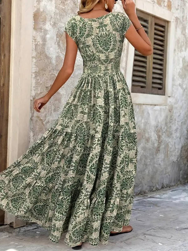 Cristina | Vestido maxi boho para mujer con estampado y fruncido