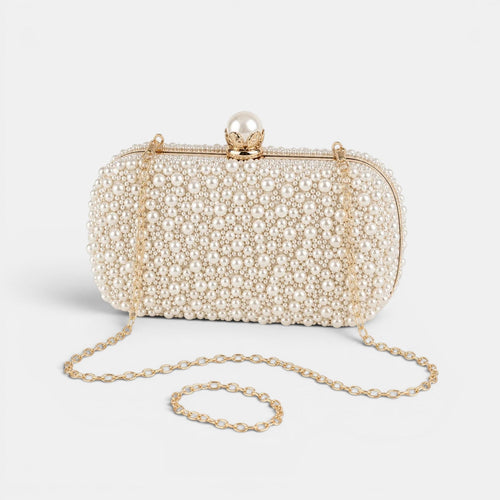Bolso Clutch Beige Perlas Elegante Mujer