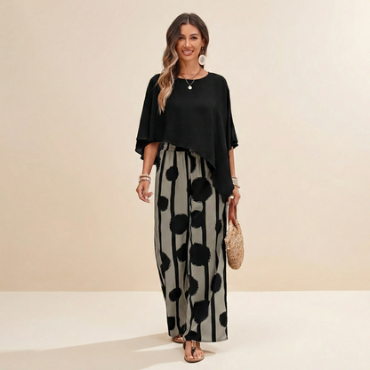 Conjunto mujer elegante dos piezas moderno – outfit artístico pantalón y top fluido